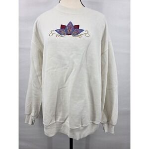 Vintage Jerzees Embroidered Floral Sweatshirt XL Cream Made in USA 90s Pullover